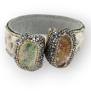 Druzy Crystal Snakeskin Cuff Bracelet Natural Geode Slice 925 Sterling Vermeil